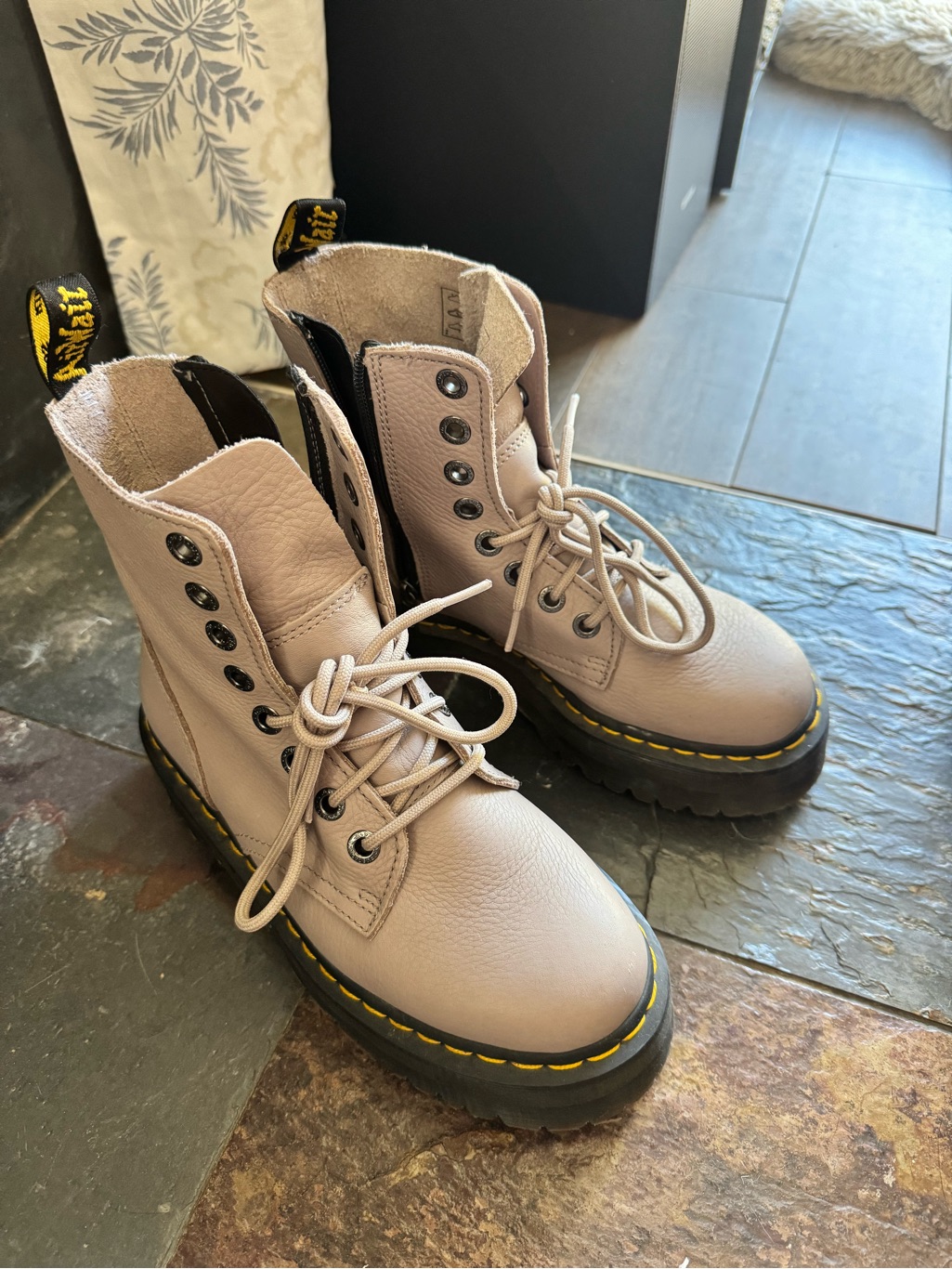 Dr. Martens Tan Lace-Up Chunky Leather Combat Boots With Yellow Welt Stitching